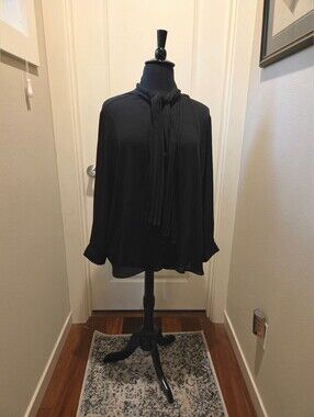 Who What Wear Black Tie-Neck Long-Sleeve Women's Button Front Blouse